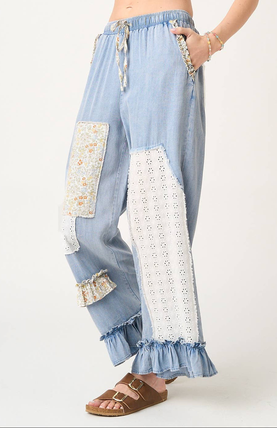 Washed Chambray Patchwork Wide Leg Pants ~ Light Denim