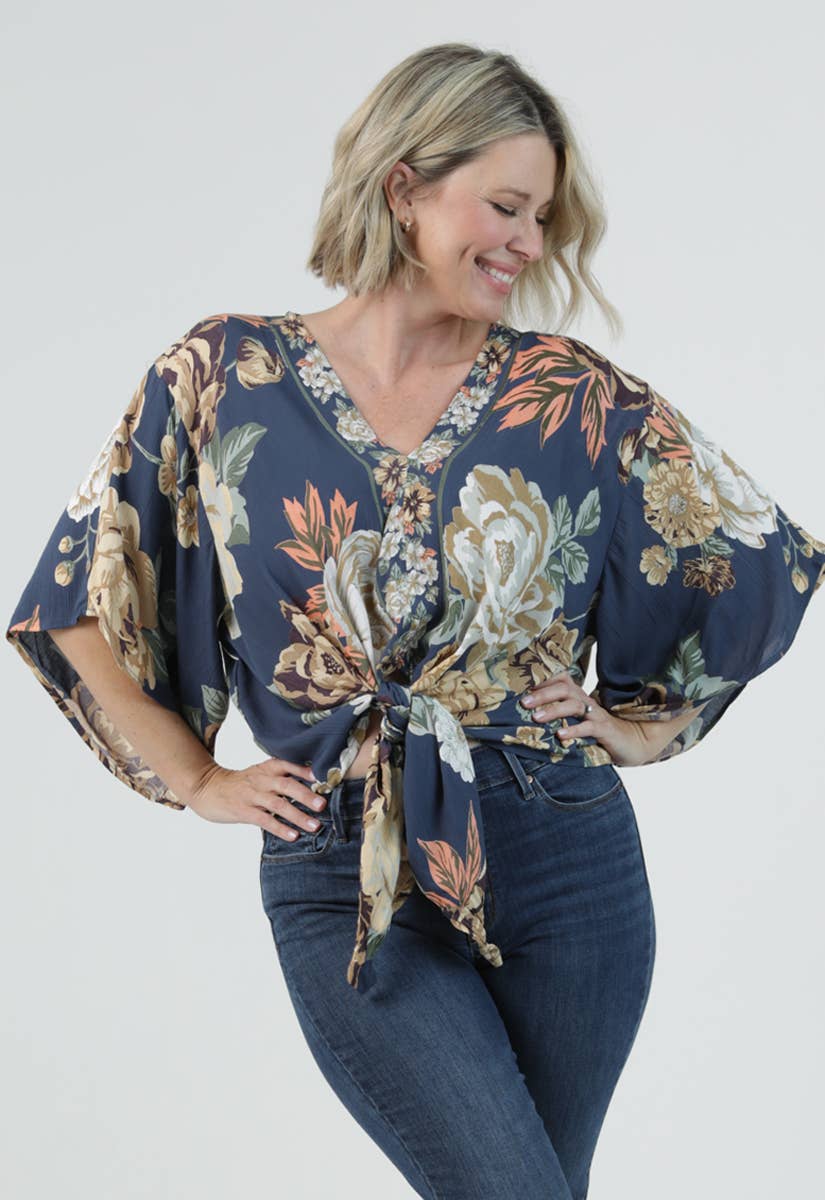 Shelia V Neck Tie Front Floral Top ~ Navy
