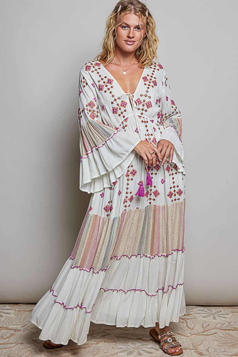Boho V-Neck Tassel Merrow Edge Cotton Tiered Dress ~ Ivory