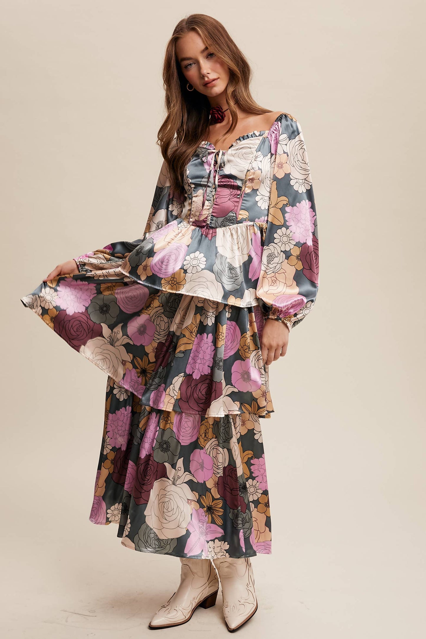 Felicia Floral Lace-Up Tiered Maxi Dress ~ Teal