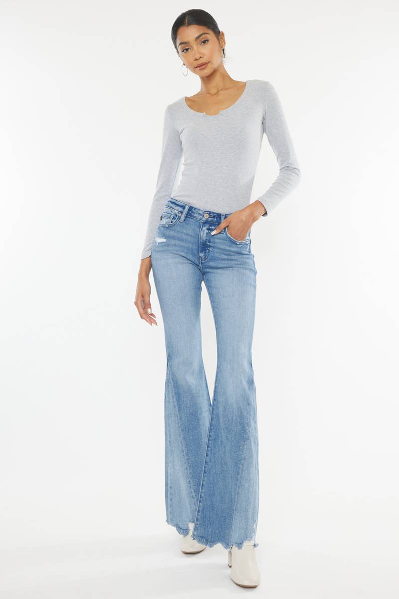 Stacey Mid Rise Raw Hem Flare Jeans ~ Light Denim