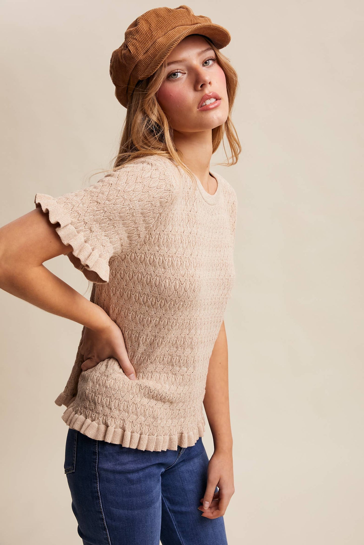 Raquel Ruffle Hem Textured Knit Top ~ Oatmeal