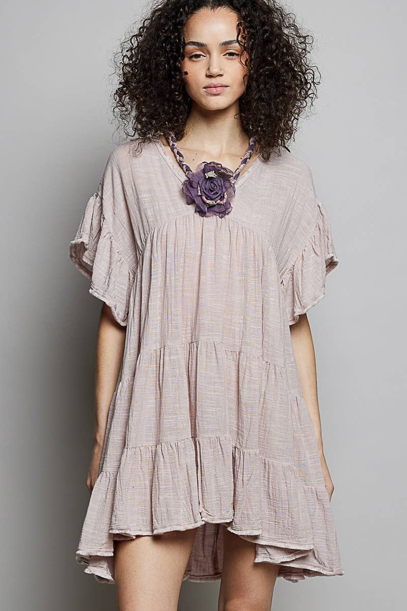 Fiona Feminine V-neck Ruffle Shirring Detail Dress ~ Blush