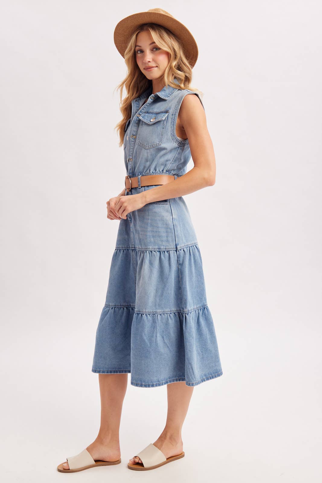 Devon Tiered Sleeveless Shirt Midi Dress ~ Light Denim