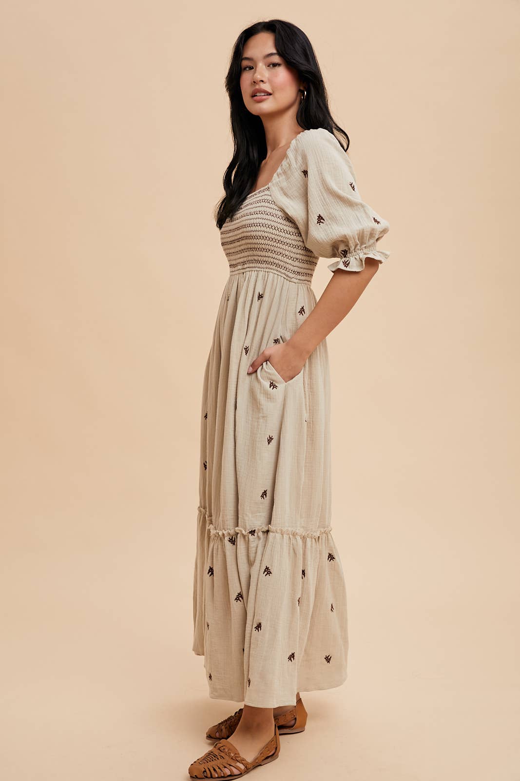 Emma Embroidered Cotton Gauze Smocked Maxi Dress ~ Linen