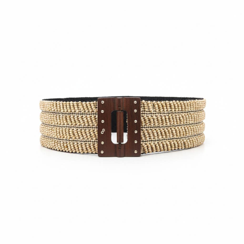 Stretchable Boho Chic Glass Beaded Belt with Wooden Buckle