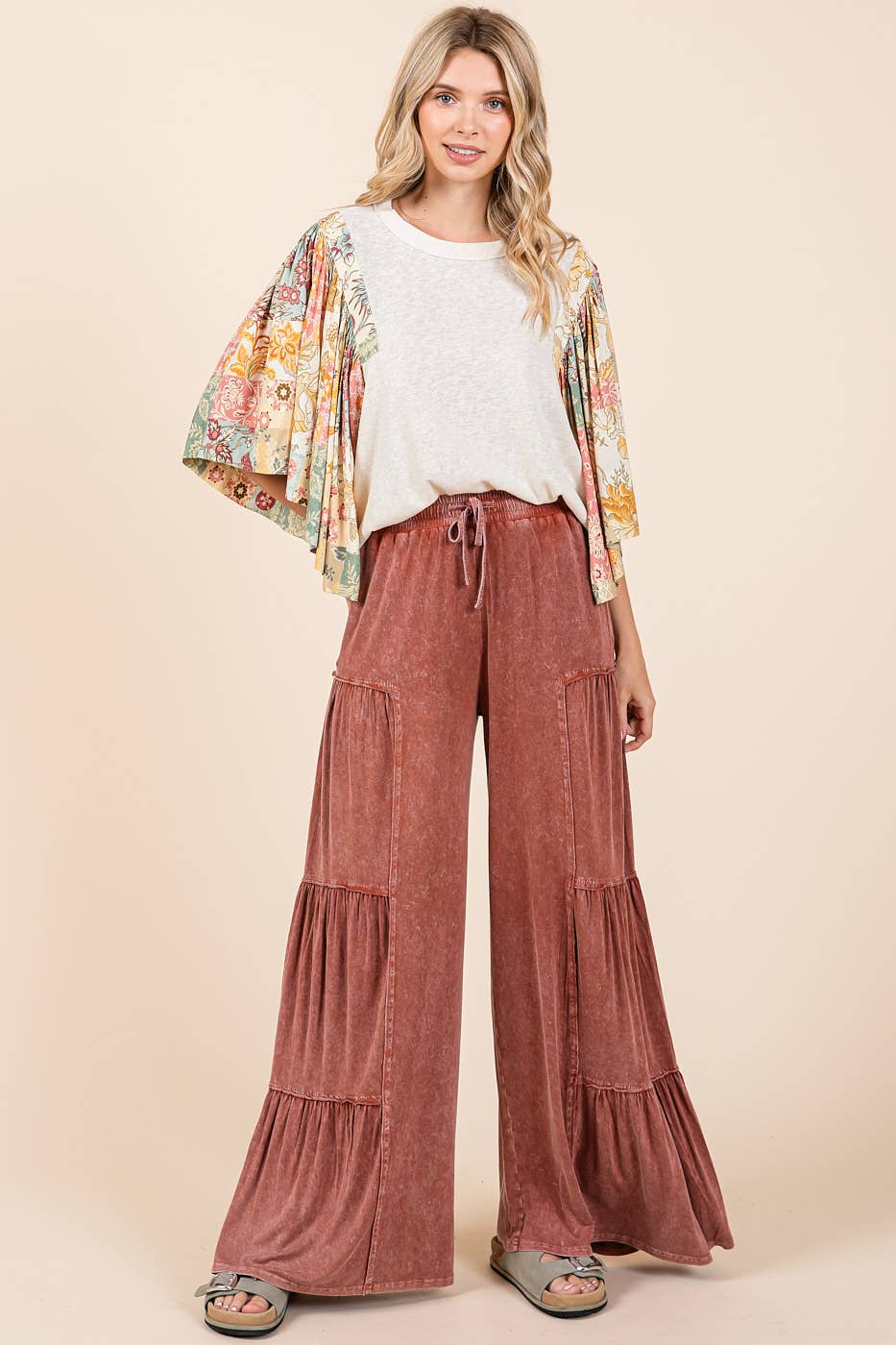 Madelyn Mineral Wash Tiered Wide Leg Pants ~ Sienna