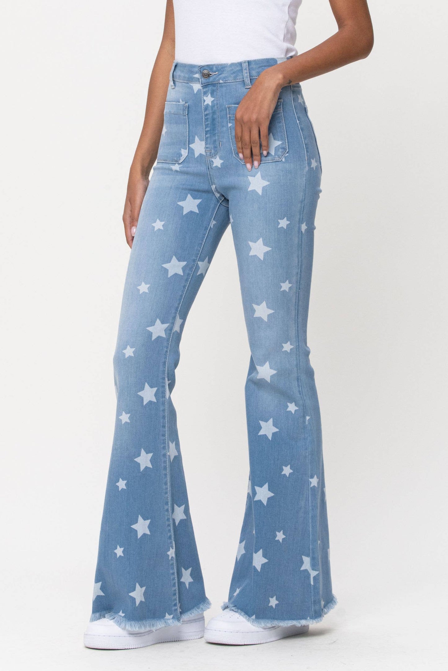 Star Print High Rise Front Pocket Flare Jeans ~ Light Denim