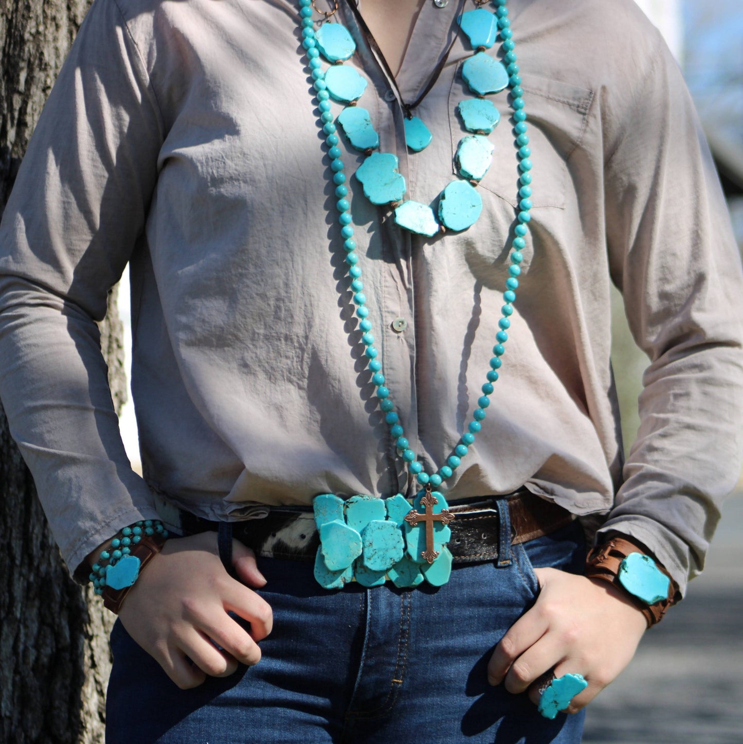 Blue Turquoise Western Slab Necklace