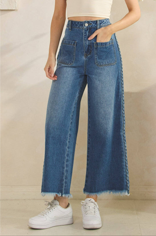 Brylee Braided Side Wide Leg Jeans ~ Dark Denim