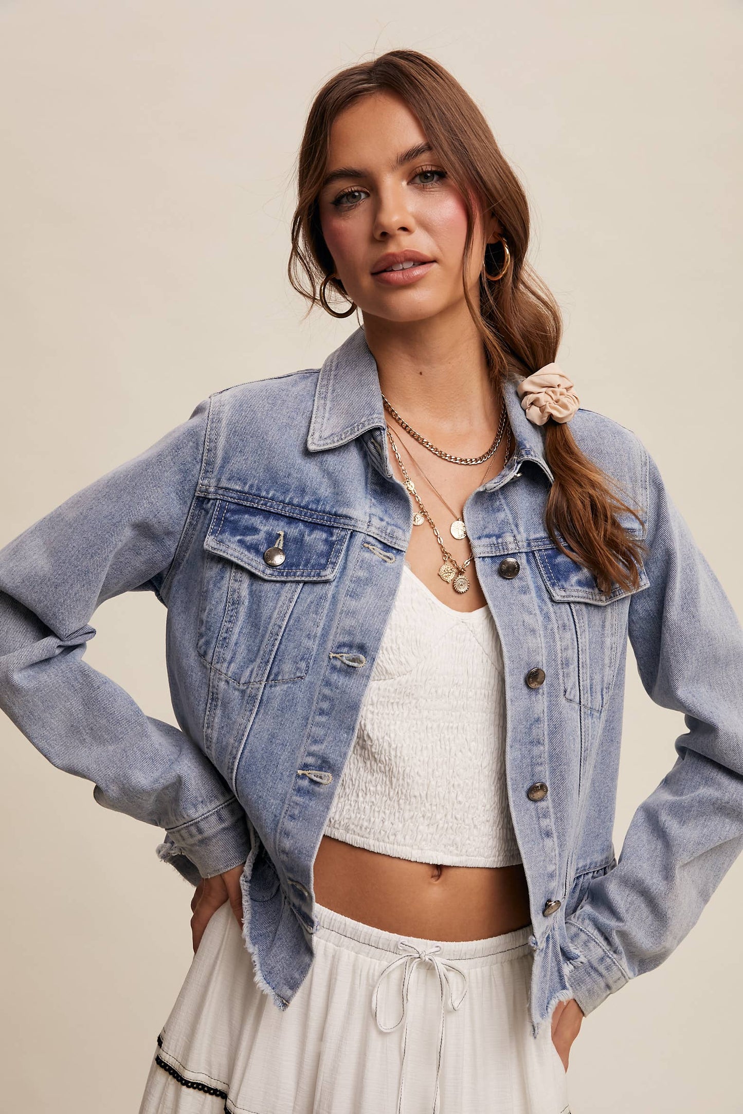Regan Ruffled Hem Denim Jacket ~ Light Denim