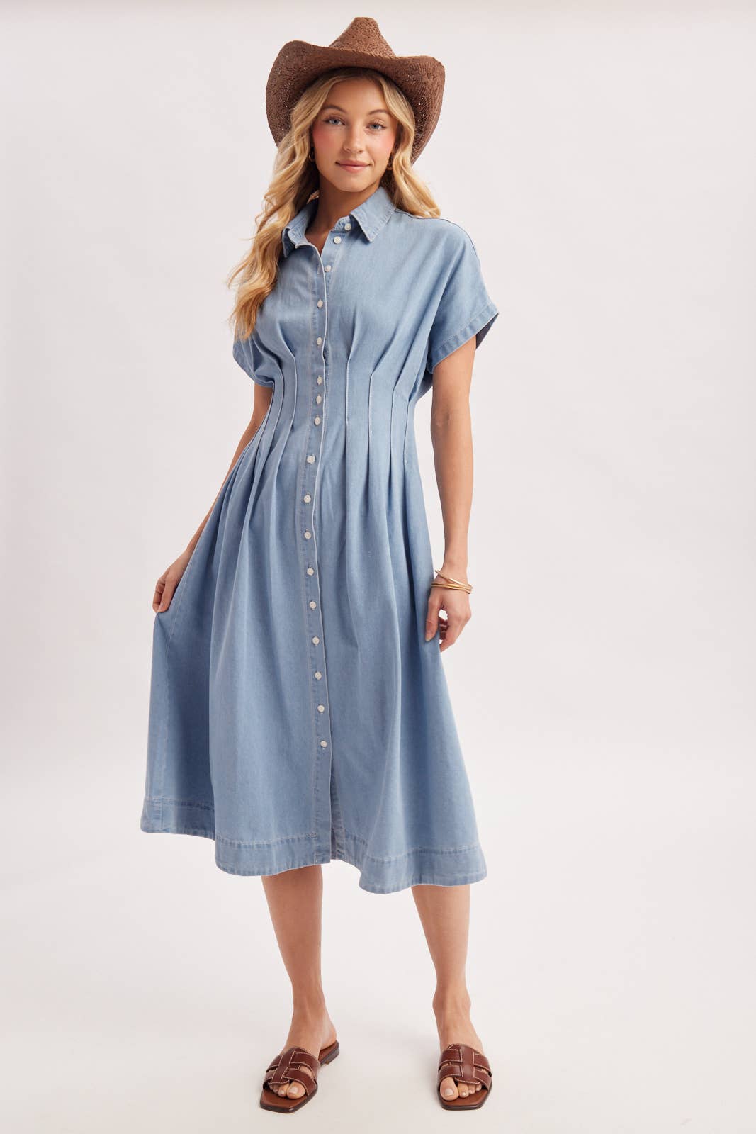 Bailey Pleated Waist Button Down Shirt Dress ~ Light Denim
