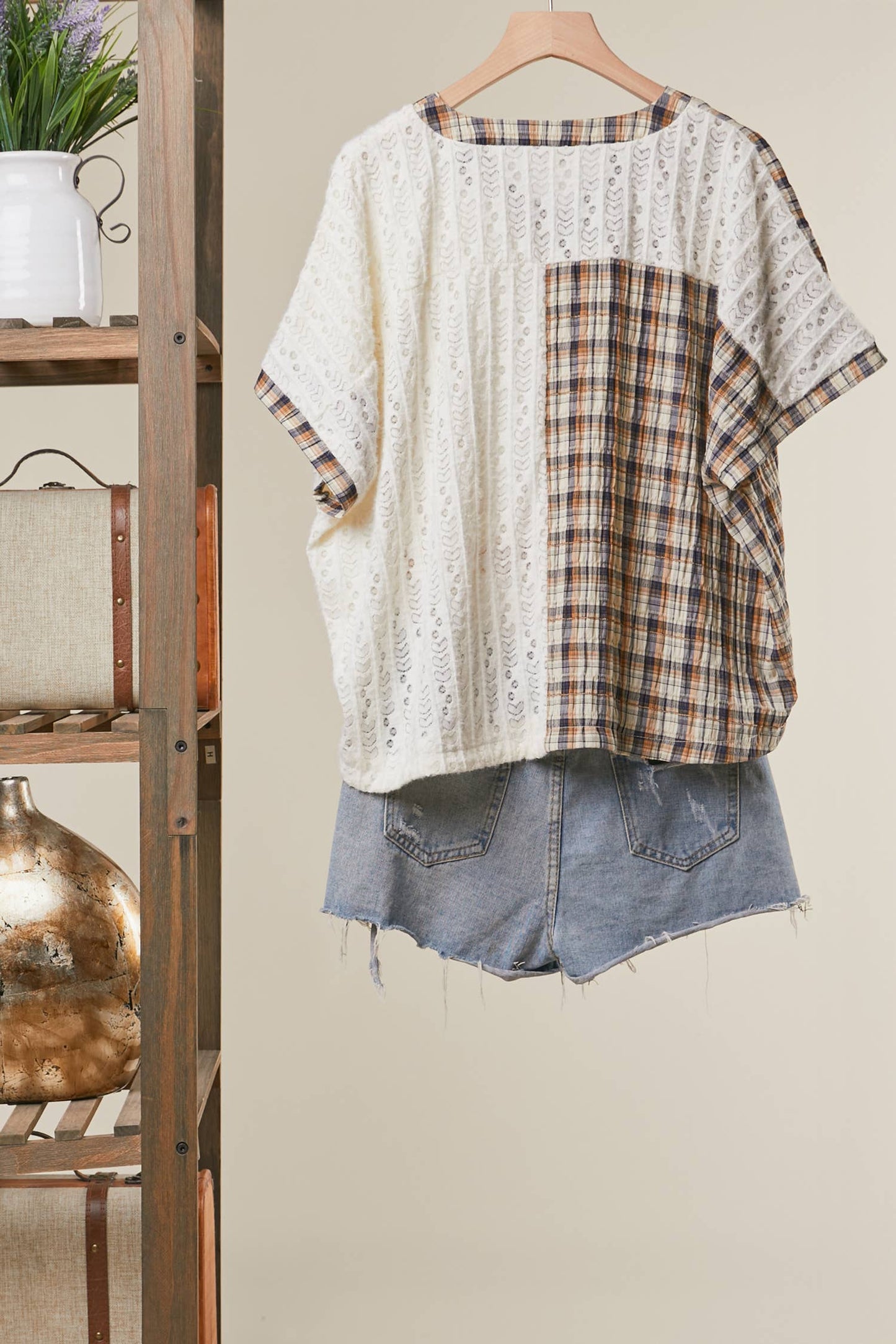 Hailey Half Plaid Pocket Top ~ Ivory