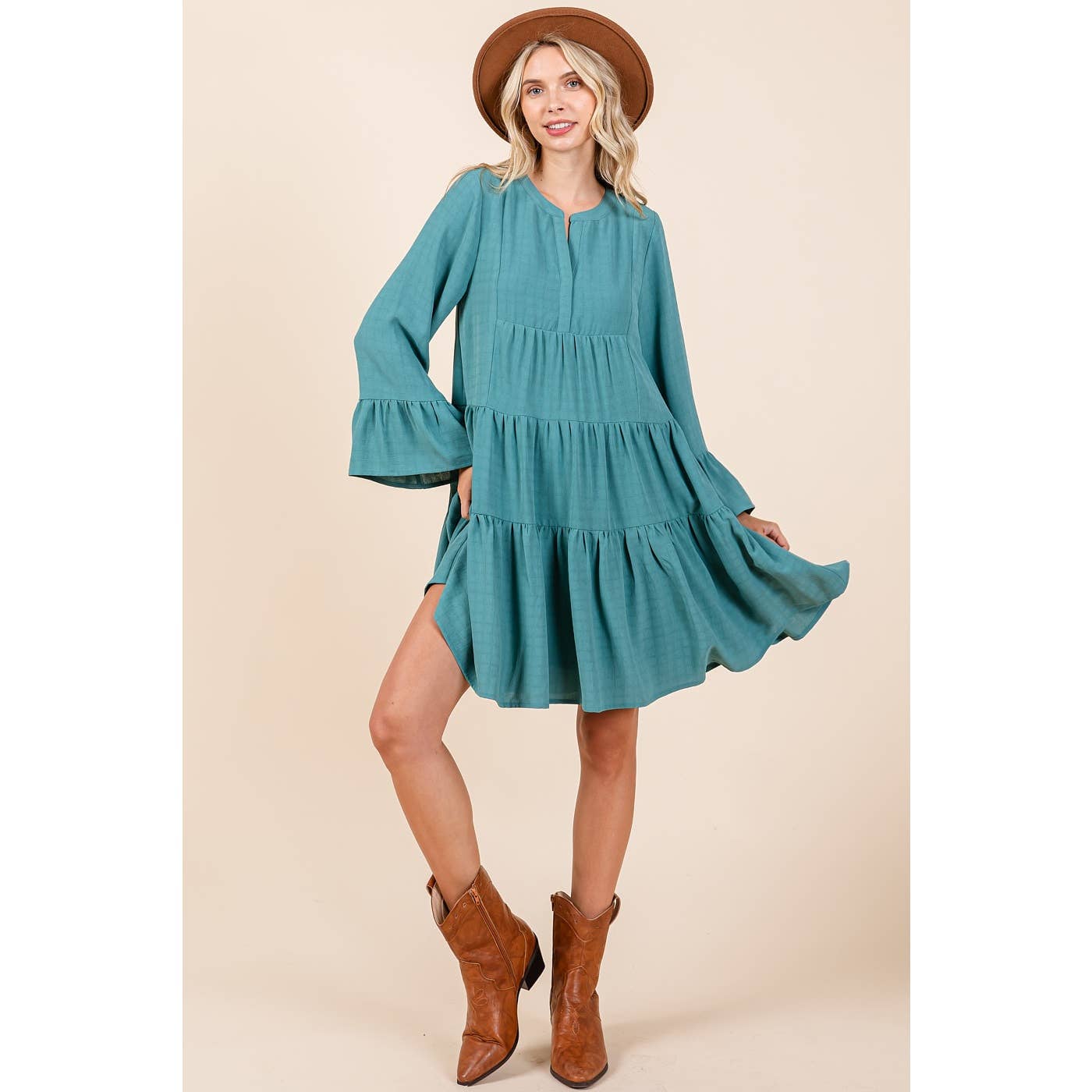 Becca Bell Sleeve Tiered Mini Dress ~ Seafoam