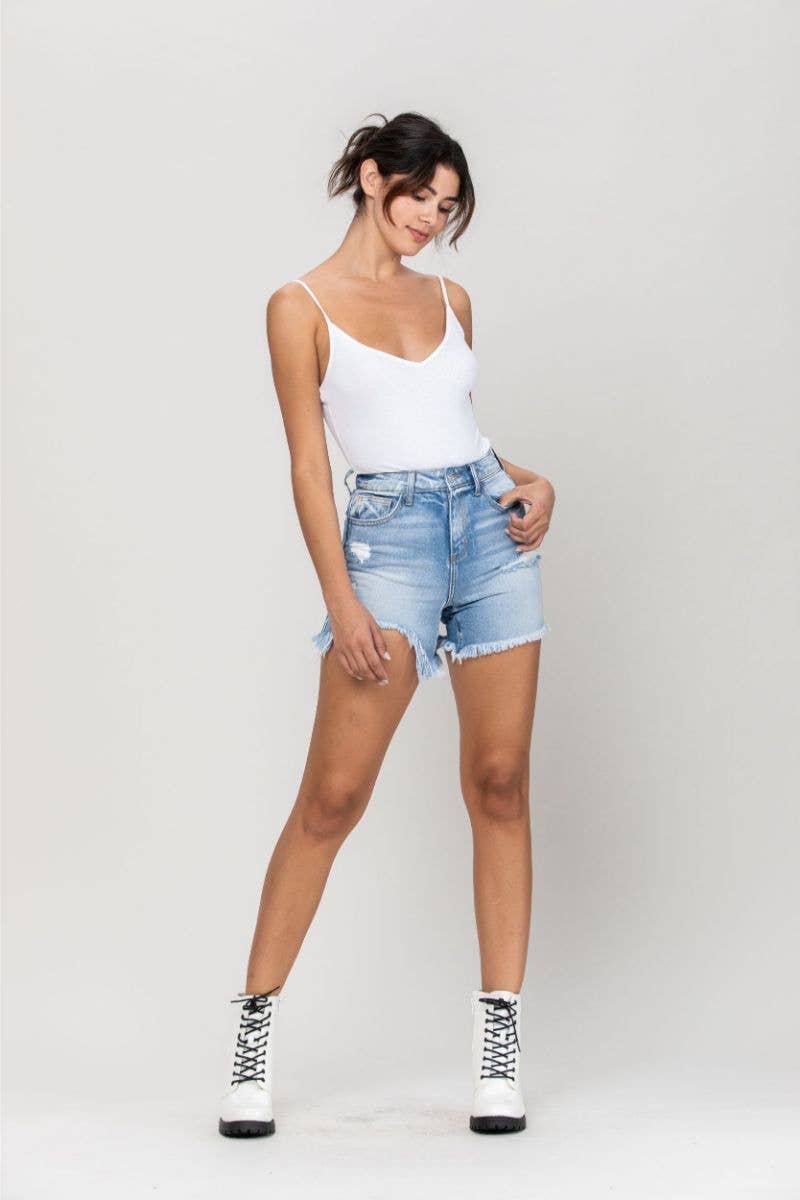 Callie High Rise Uneven Hem Shorts ~ Light Denim