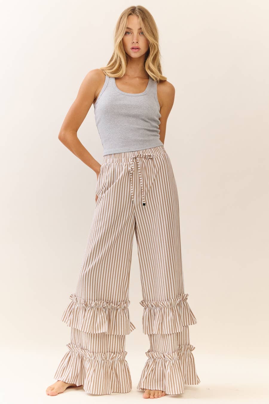 Striped Ruffle Pants ~ Taupe