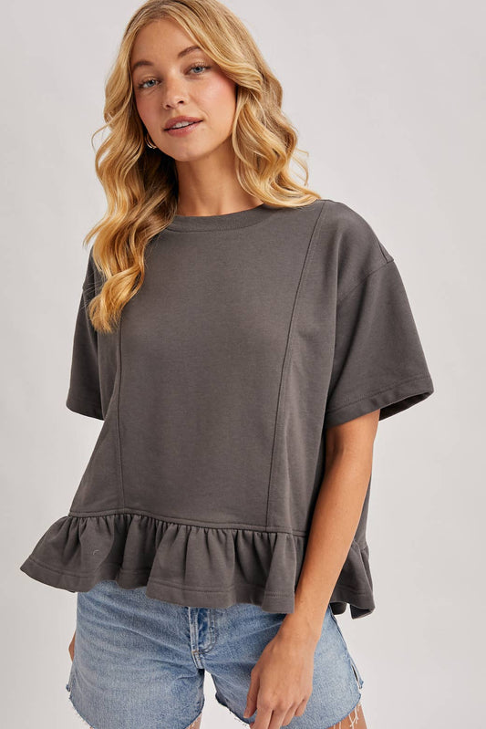 Regan Ruffled Peplum Hem Swing Knit Top ~ Ash