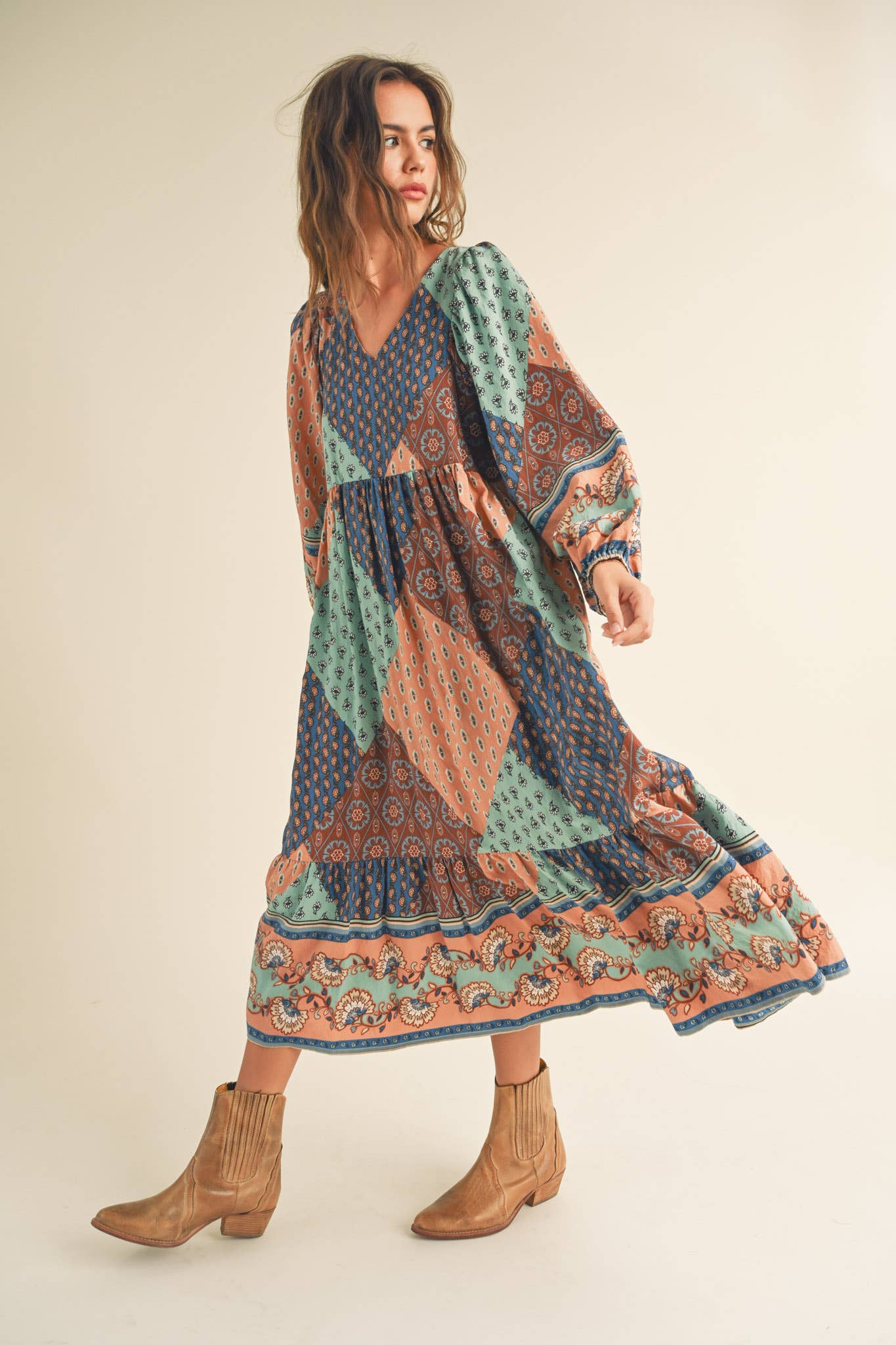 Amelia Border Print Balloon Sleeve Midi Dress ~ Multi
