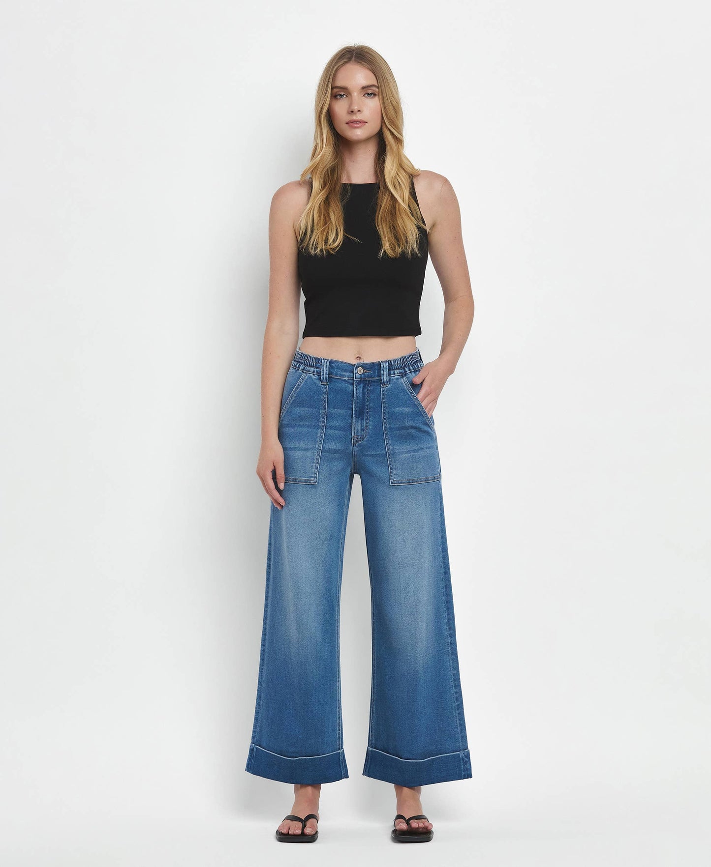 Eva High Rise Double Cuffed Baggy Wide Jeans ~ Dark Denim
