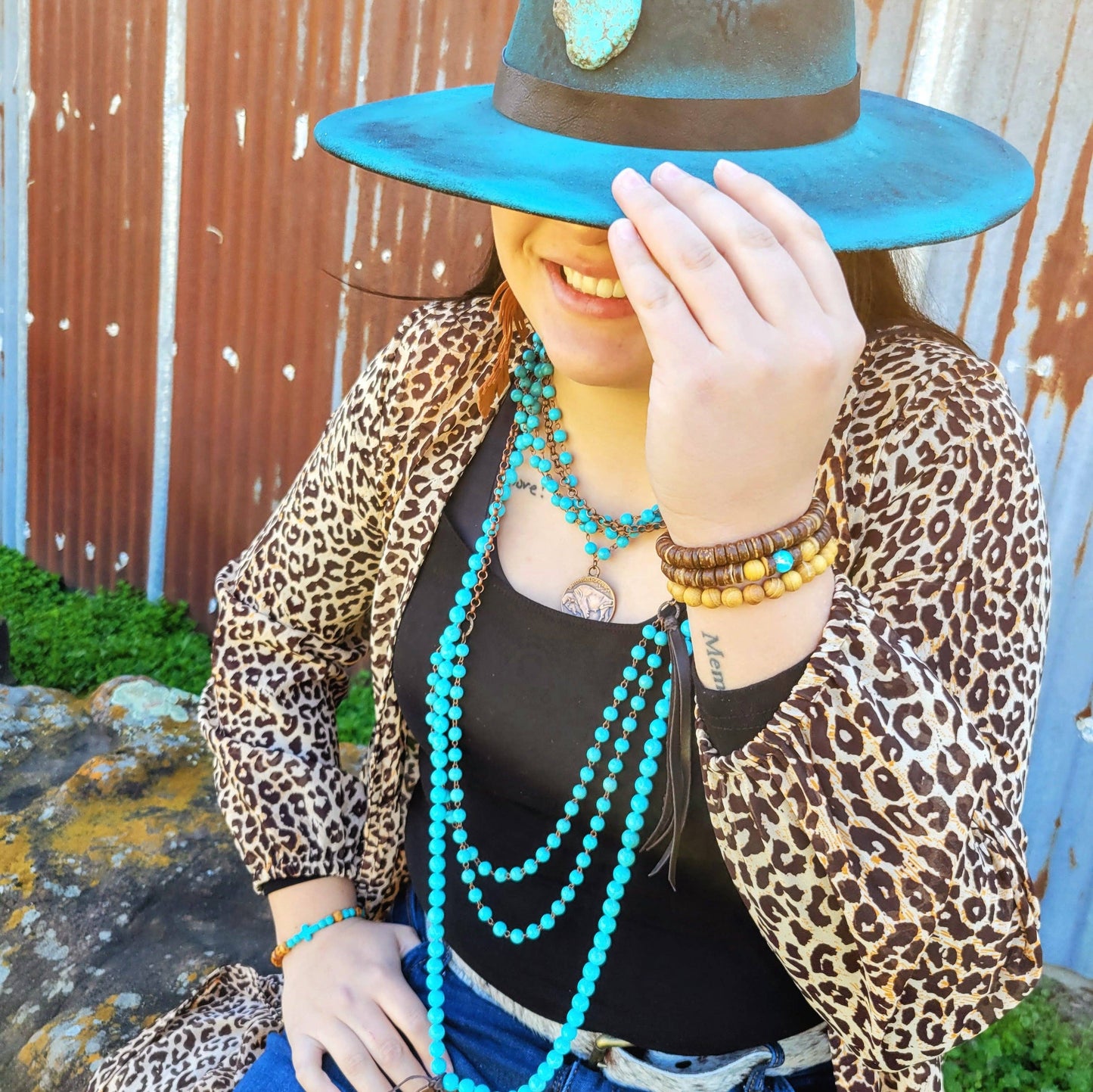 Blue Turquoise Beaded Necklace Leather Tassel