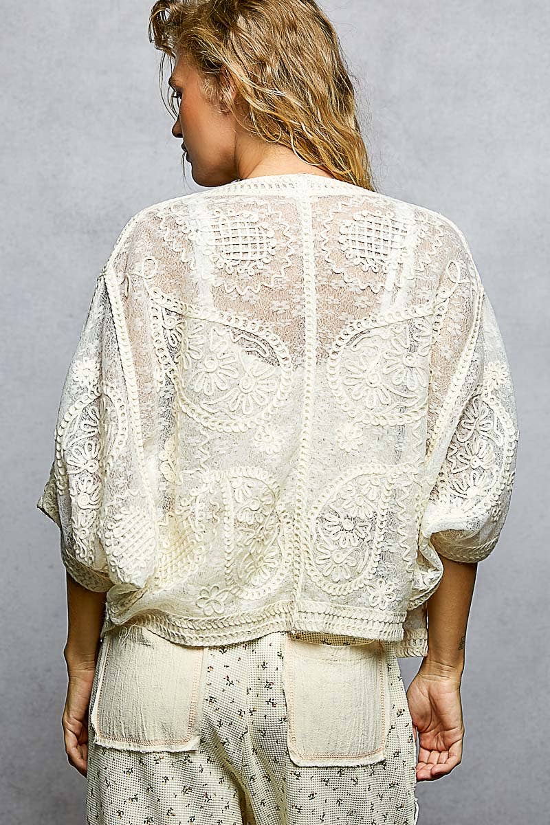 POL Floral Embroidery Crochet Cardigan ~ Natural