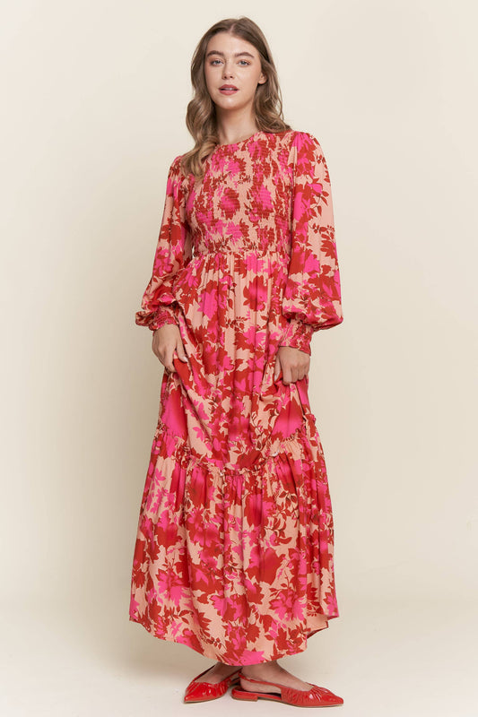 Jessica Floral Smocked Bodice  Maxi Dress ~ Red