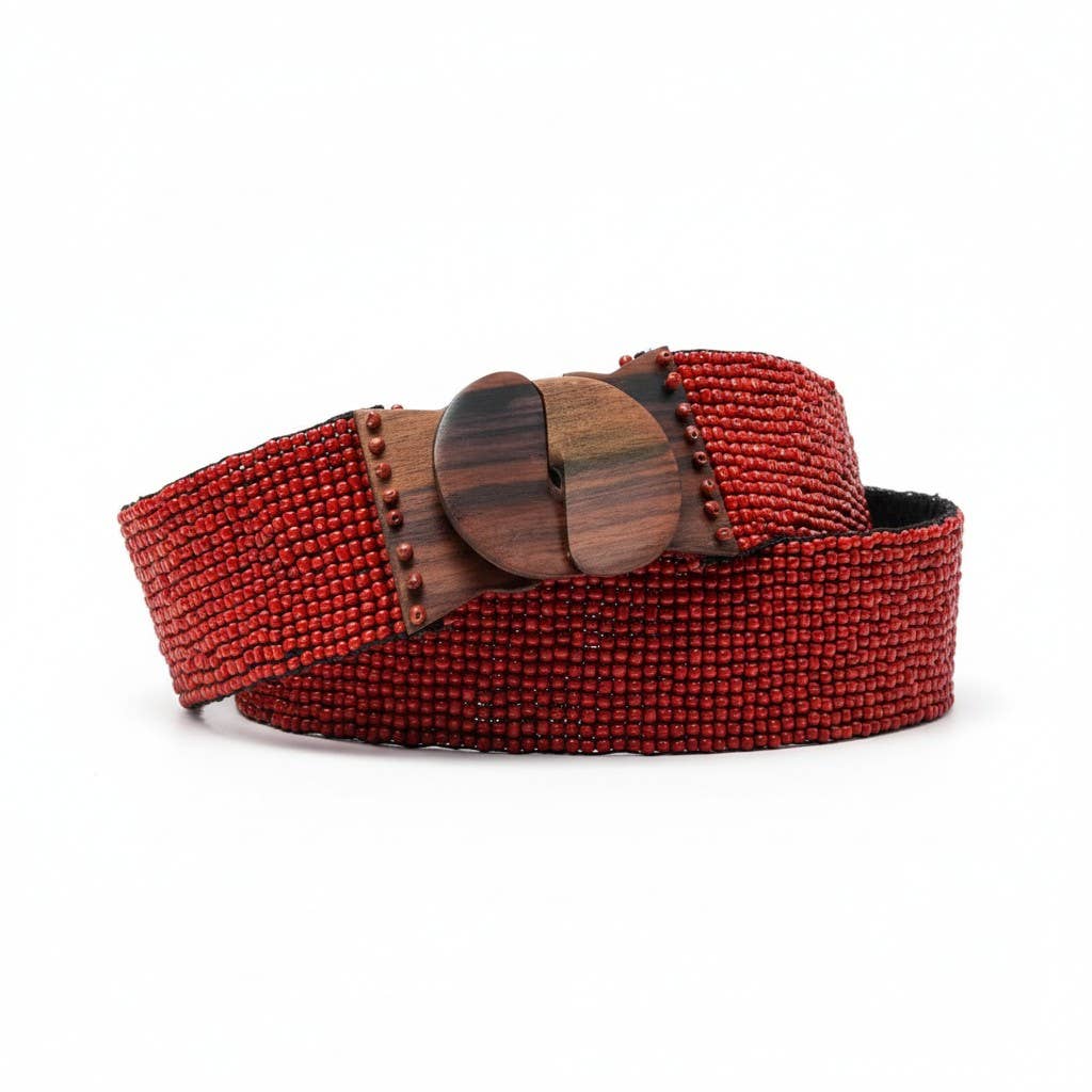 Stretchable Boho Chic Glass Beaded Belt with Wooden Buckle