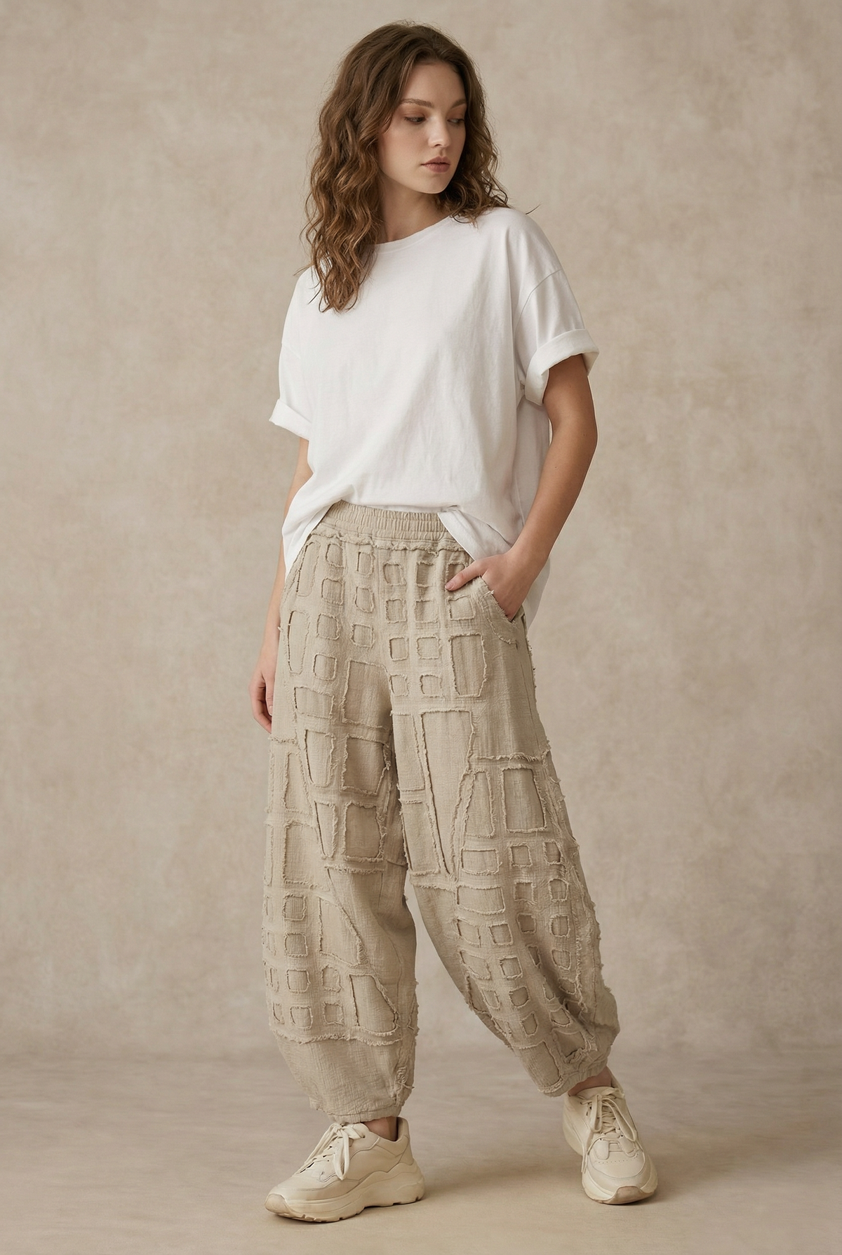 Payton Patchwork Textured Pants ~ Beige