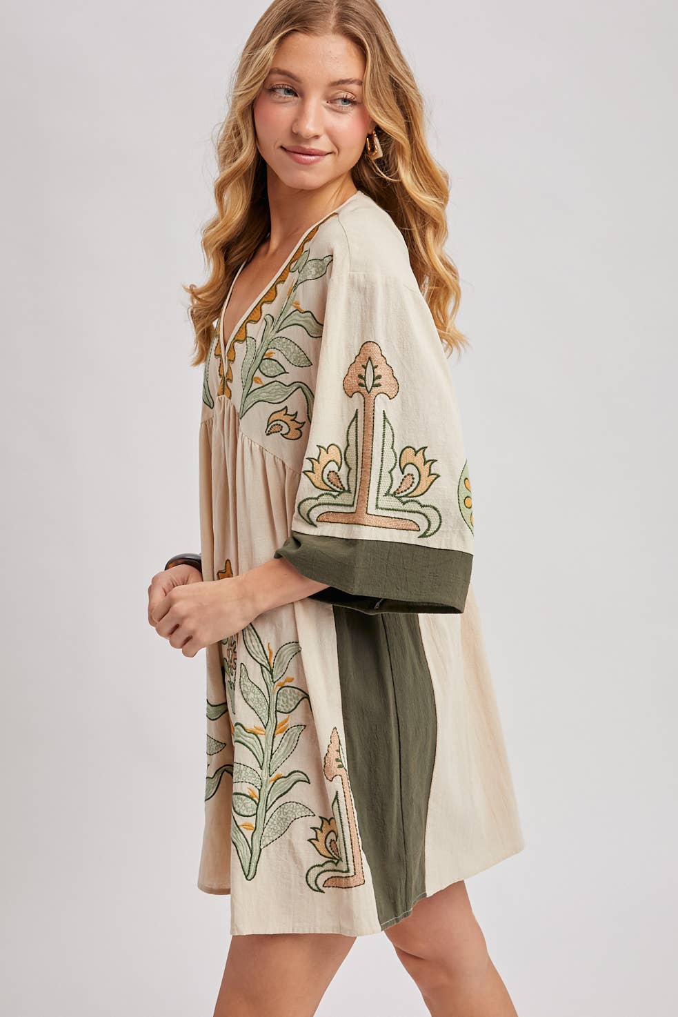 Blair Boho Embroidered V Neck Dress ~ Oatmeal