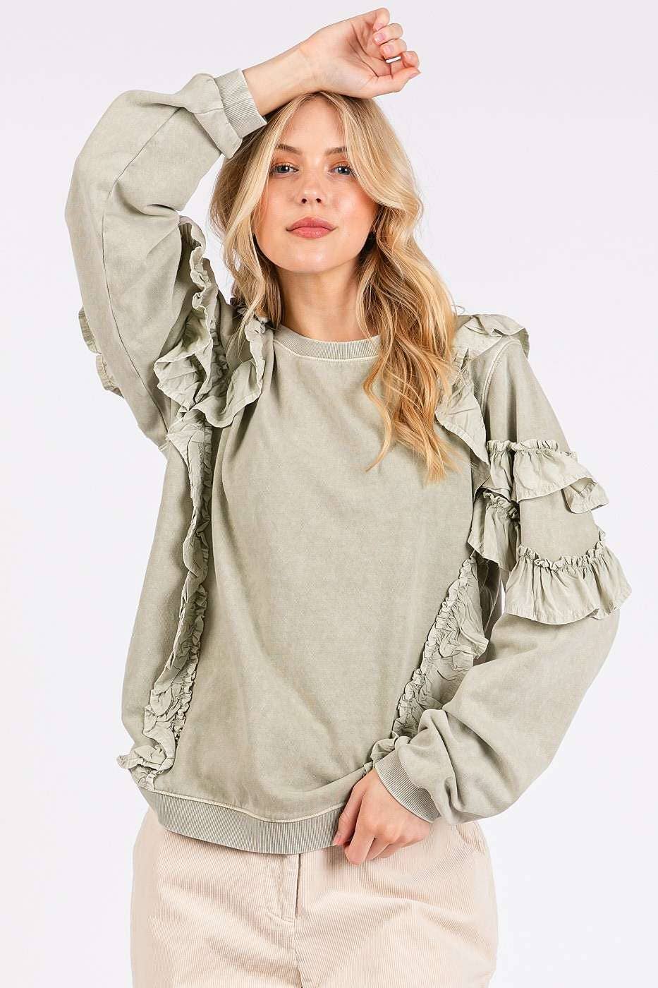 Dallas Mineral Wash Ruffle Top ~ Sage