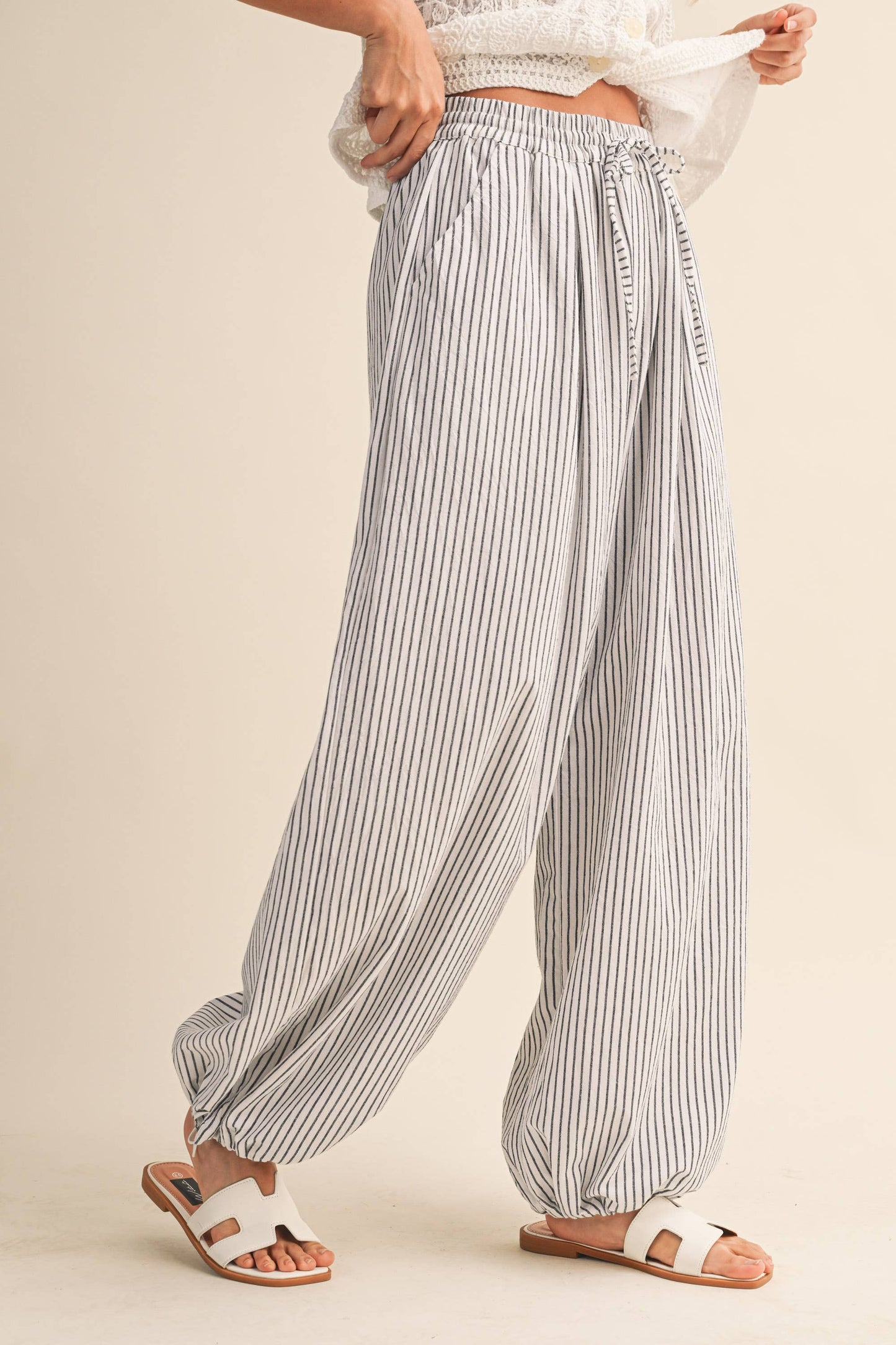 Shelly Striped Balloon Linen Blend Pants ~ White/Black