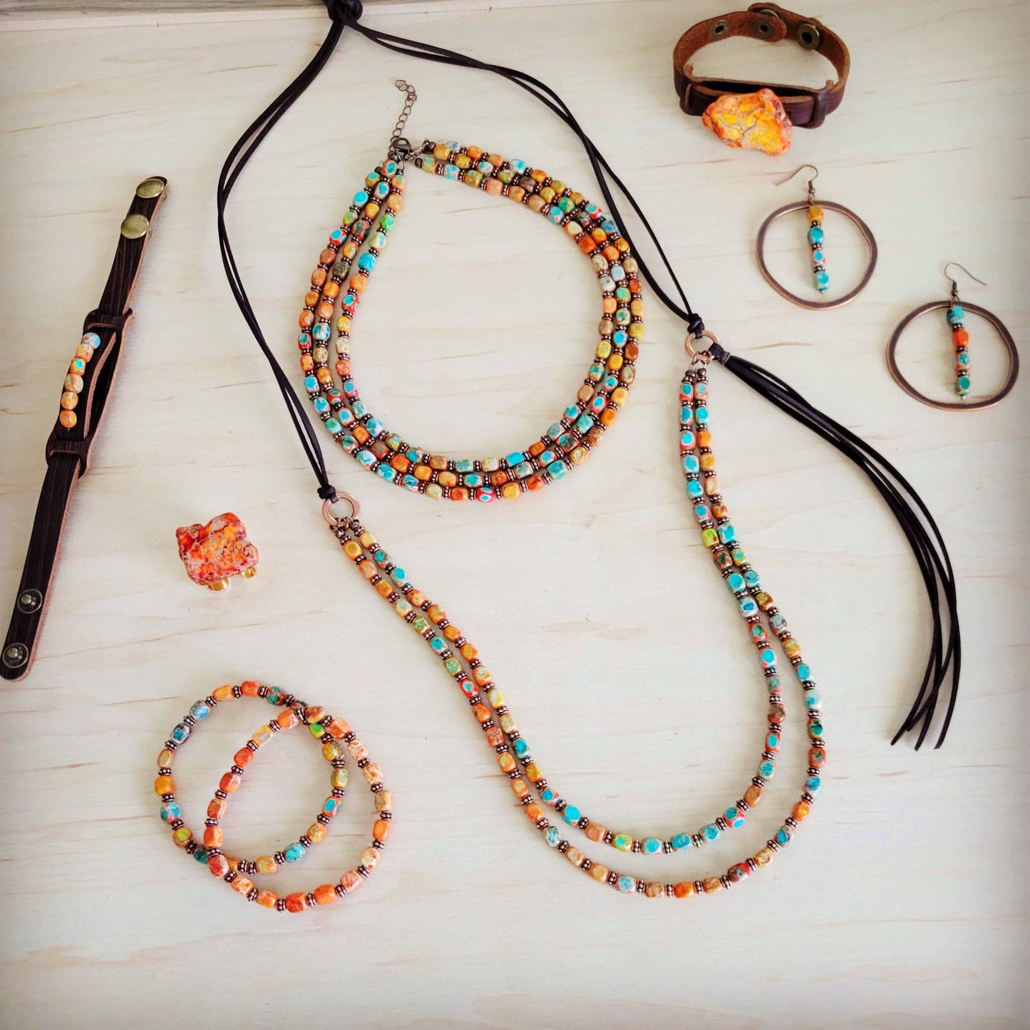 Sunrise Regalite Double Strand Beaded Tassel Necklace