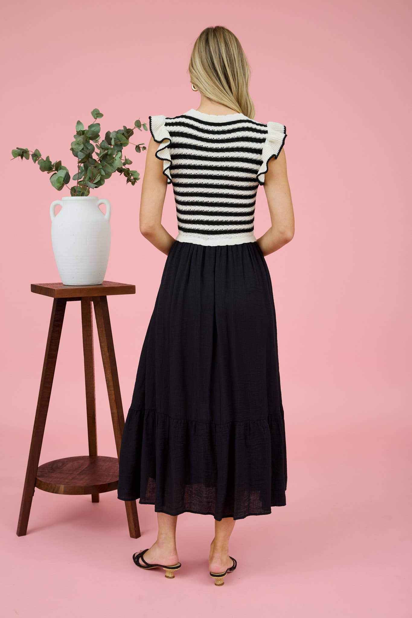 Sophie Stripe Sweater Top Mixed Media Midi Dress ~ Black