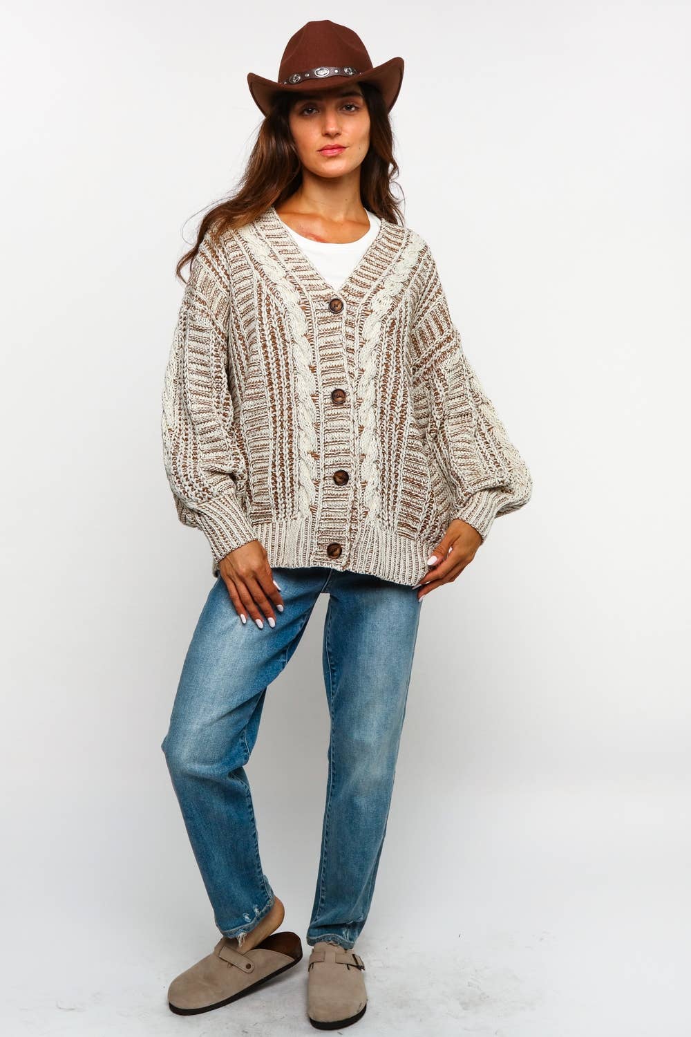 Tessa Two Tone Cable Chunky Sweater Cardigan ~ Oatmeal/Taupe