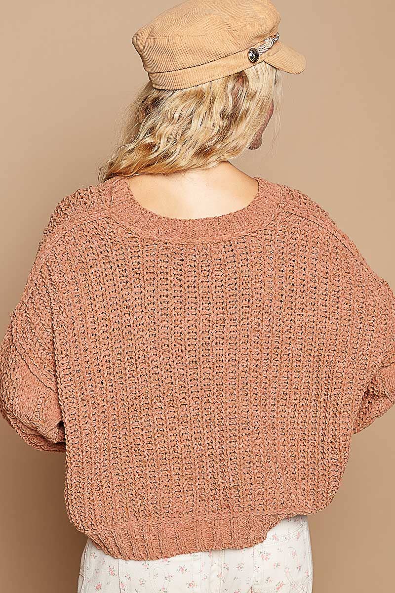 Sassy V Neck Semi Cropped Chenille Sweater ~ Rustic Brown