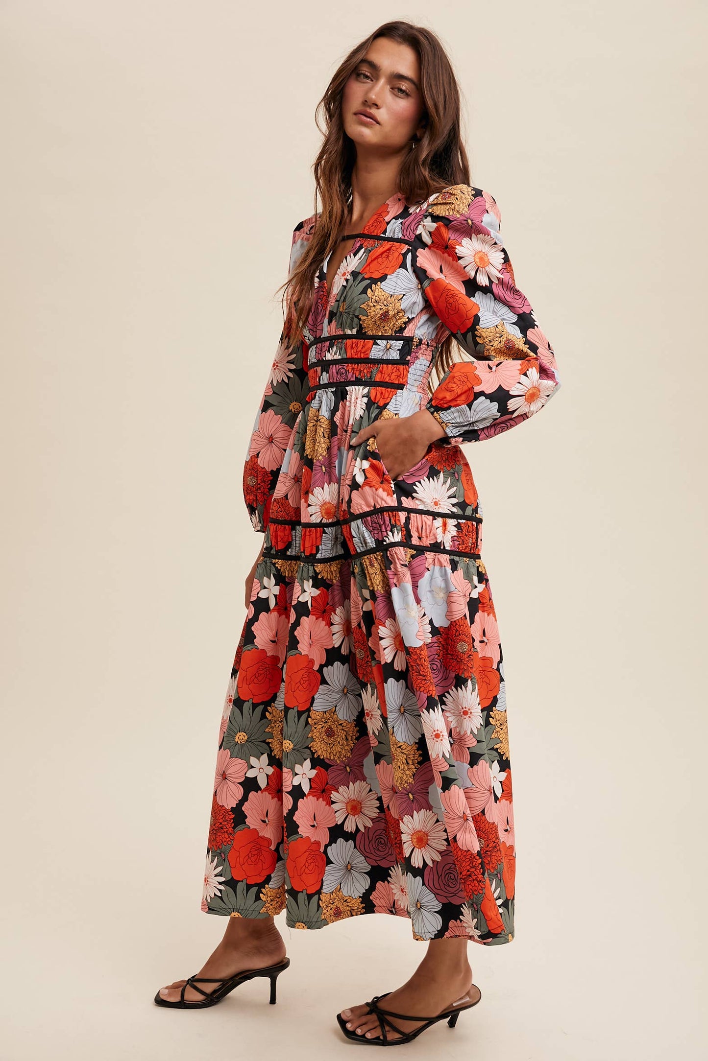 Sidney Floral Puff Sleeve Midi Dress ~ Red