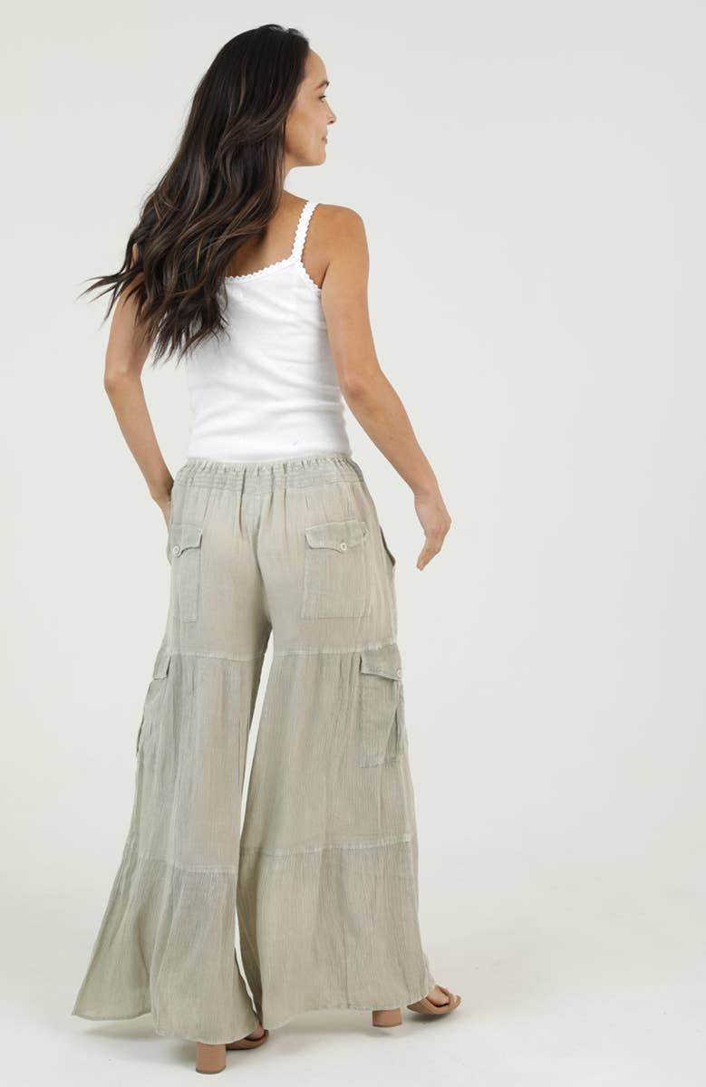 Avery Acid Wash Smocked Waist Cargo Pants ~ Sage