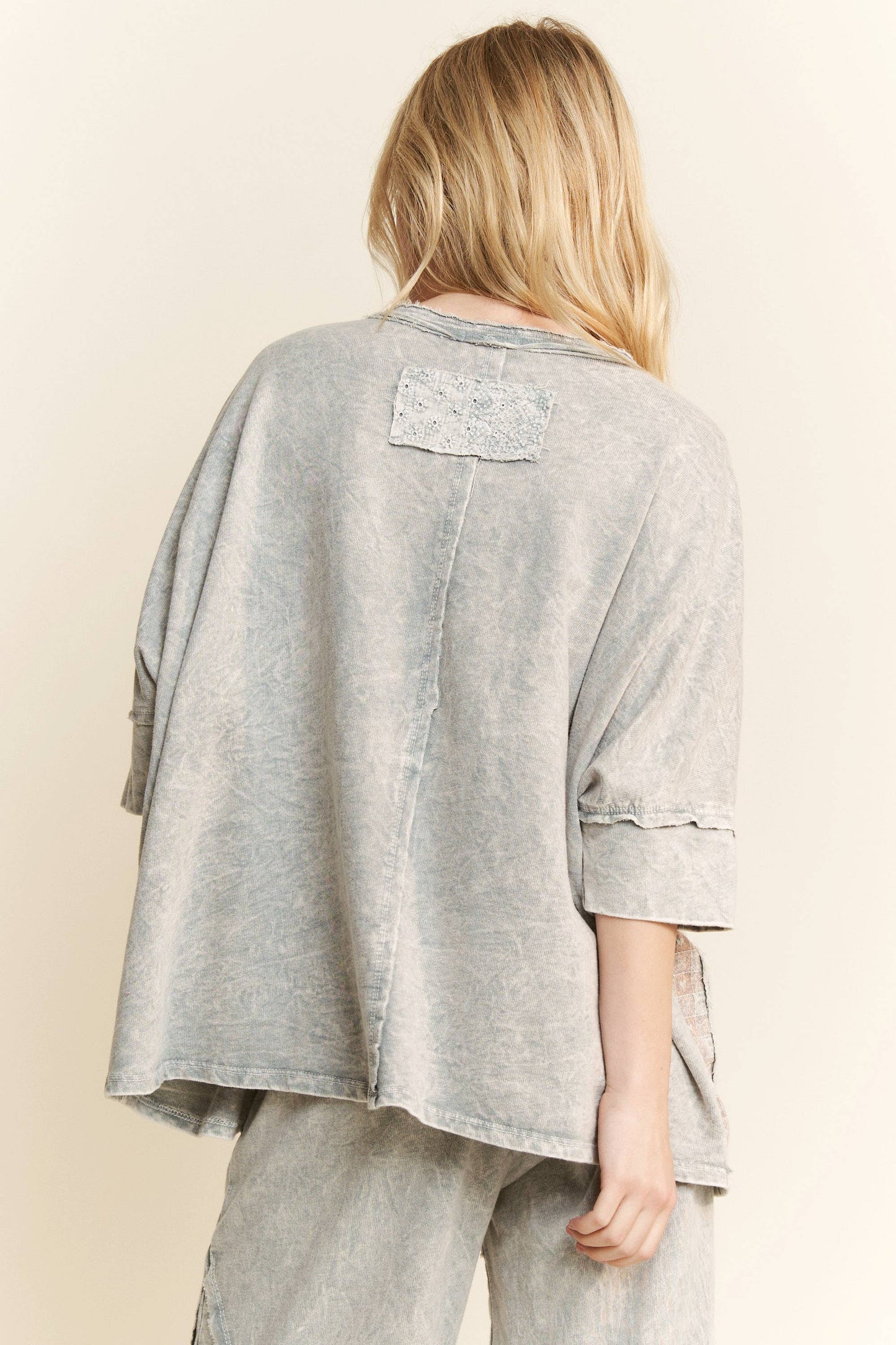 Melody Mineral Wash Heart Patched Top ~ Sliver Grey