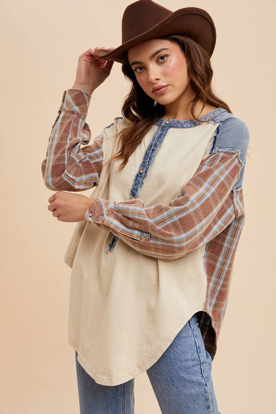 Henley Vintage Washed Plaid Back Top ~ Cream