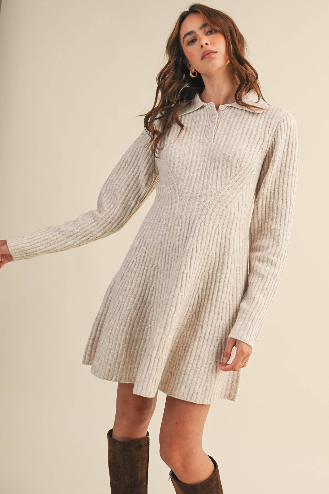 Ruby Ribbed Sweater Flared Mini Dress ~ Oatmeal