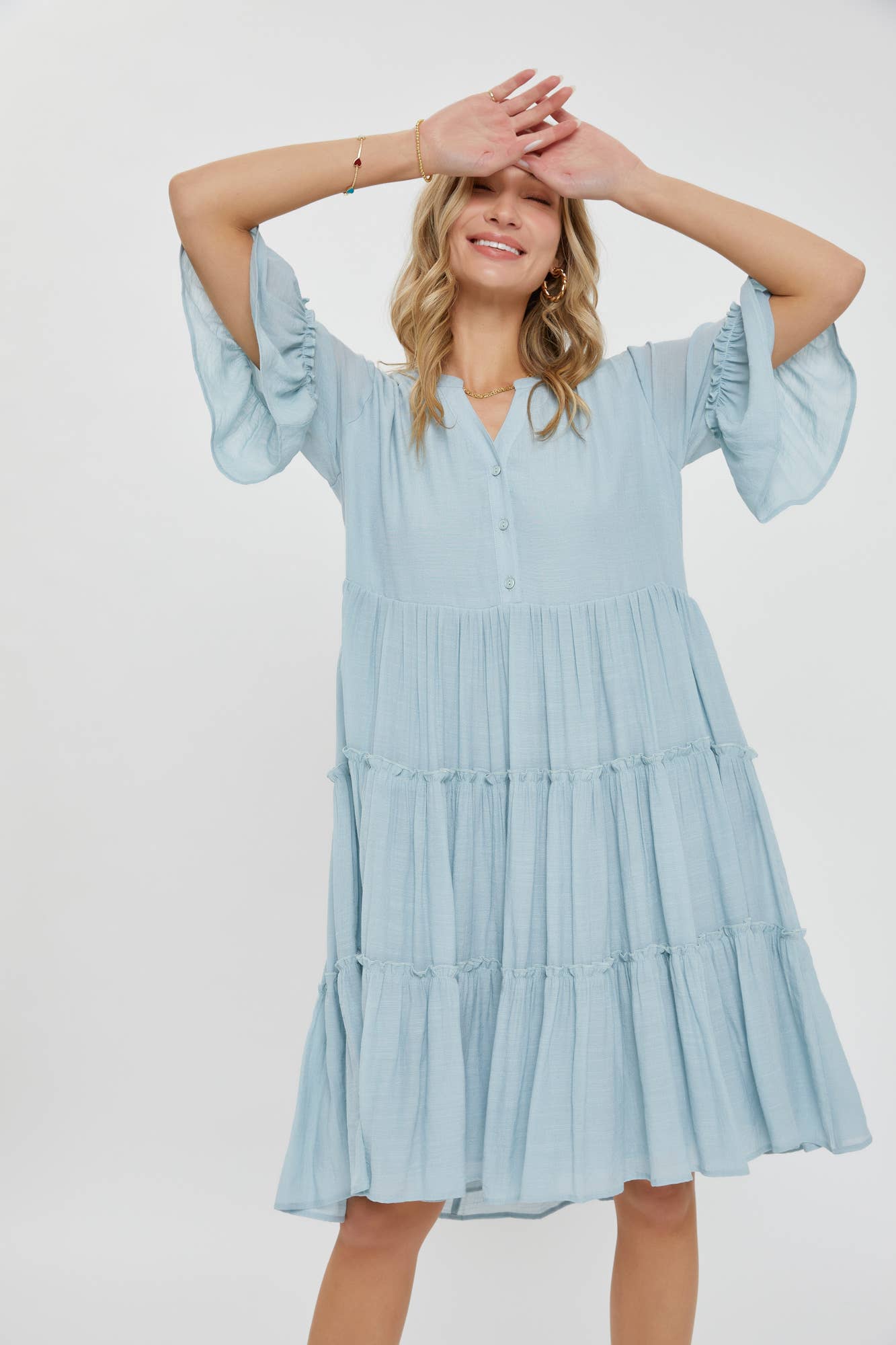 Theo Tiered Shirt Dress ~ Misty Blue