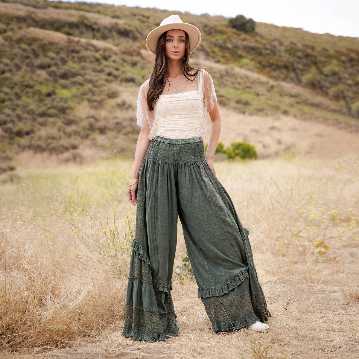 Boho Smocked Mineral Wash Lace Tiered Ruffle Pants ~ Basil