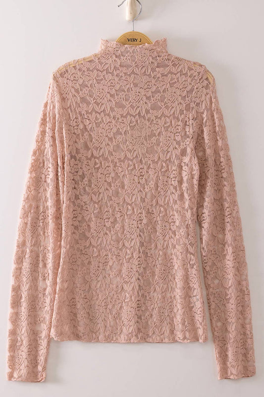 Heather High Neck Fitted Sheer Mesh Lace Top ~ Dusty Blush