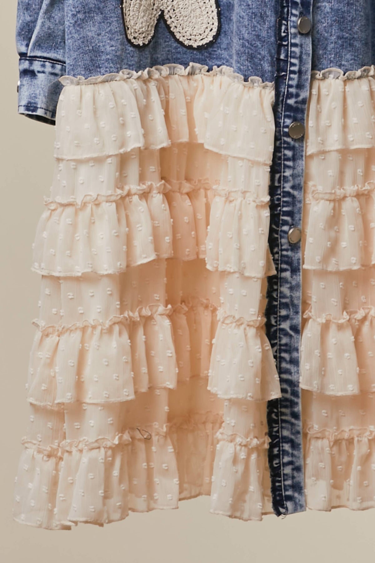 Sharron Floral Patch Washed Denim Lace Shirt Dress Ruffle ~ Indigo Blue