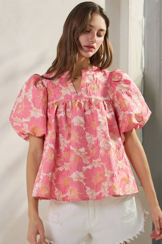 Farrah Floral Satin Weave Jacquard Top ~ Pink Coral