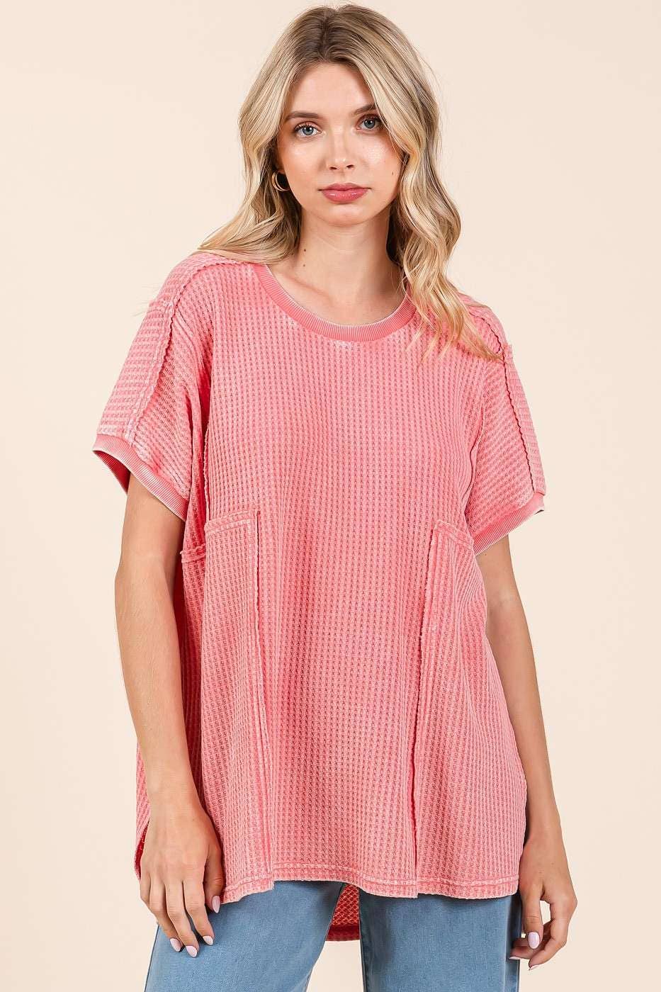 Ella Mineral Wash Waffle Knit Tunic Top ~ Coral