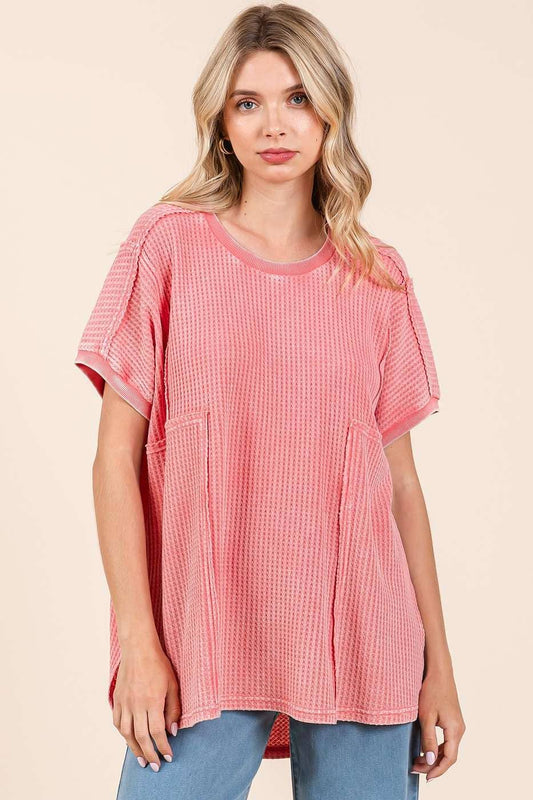 Ella Mineral Wash Waffle Knit Tunic Top ~ Coral