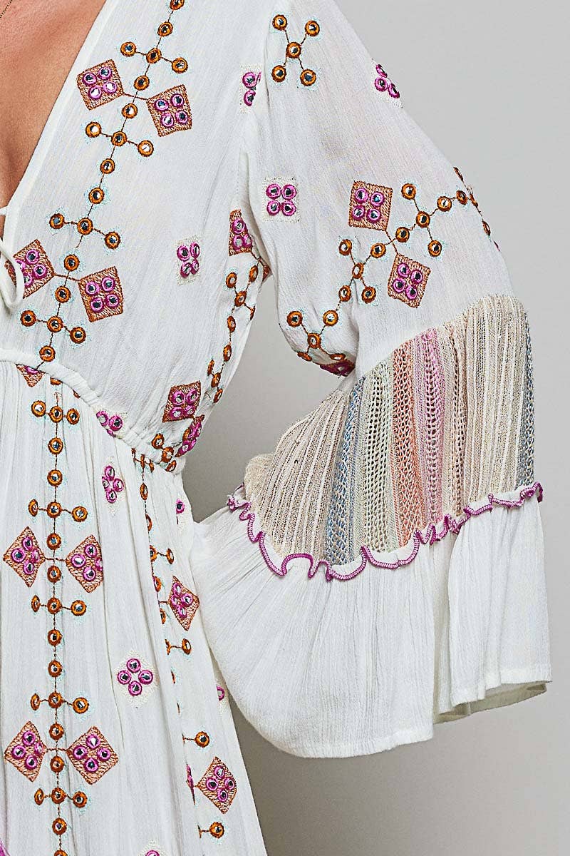 Boho V-Neck Tassel Merrow Edge Cotton Tiered Dress ~ Ivory