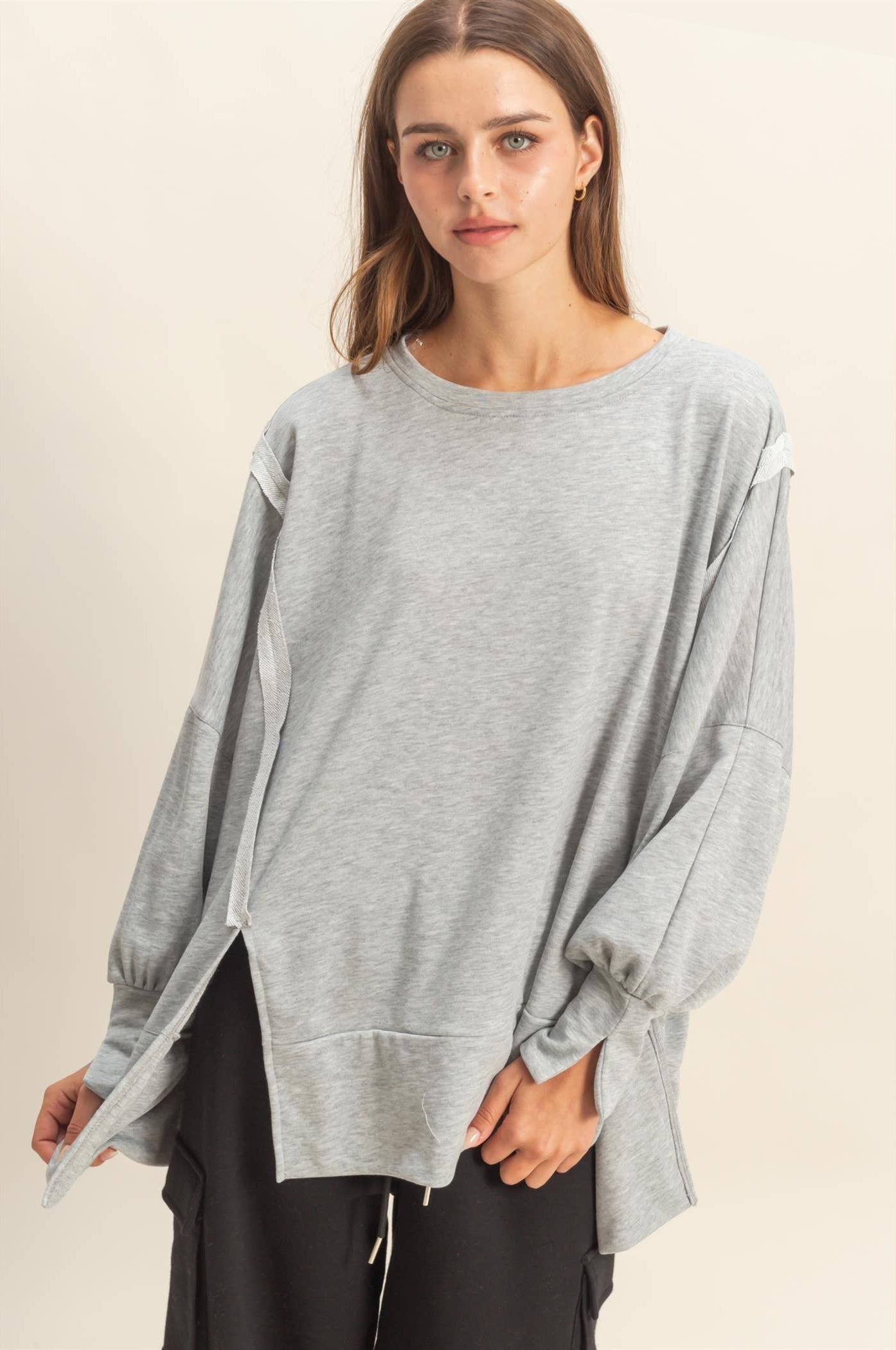 Oliva Oversized Unique Cuff Top ~ Heather Gray