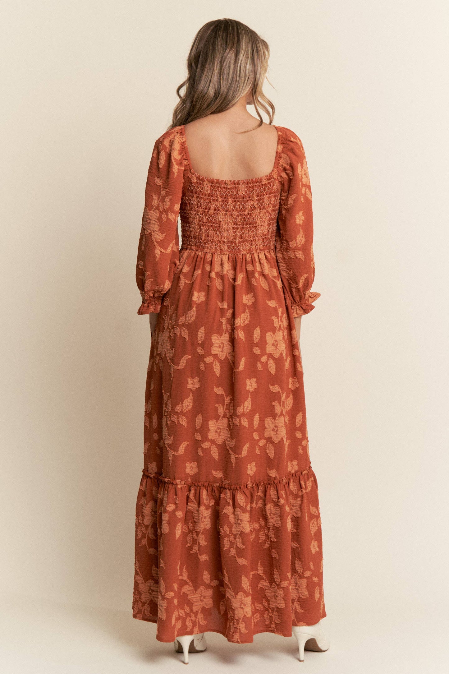 Felicity Floral Smocked Bodice Maxi Dress ~ Brick